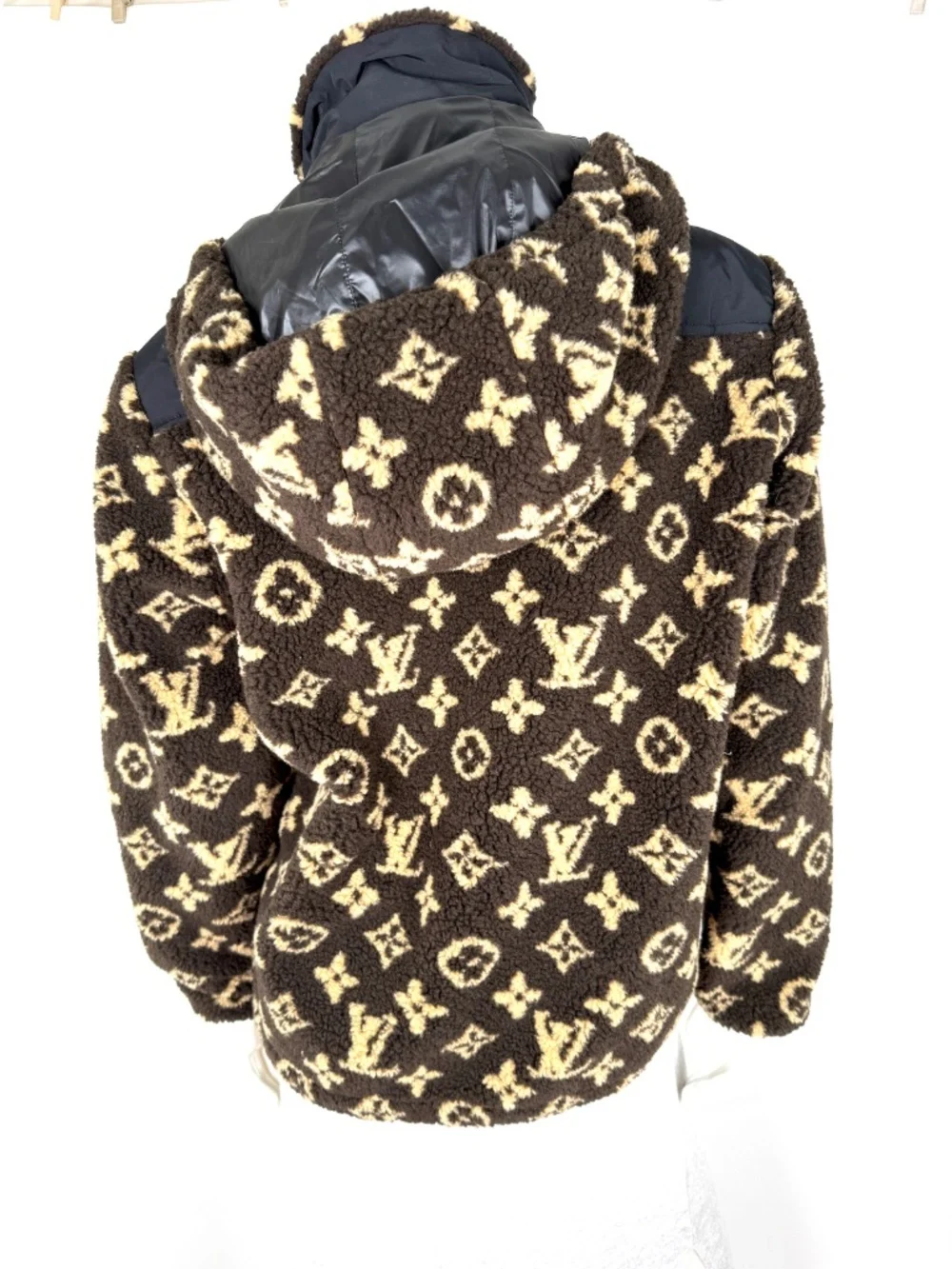 LOUIS VUITTON Monogram Fleece Hooded Brown Black Jacket Coat 36